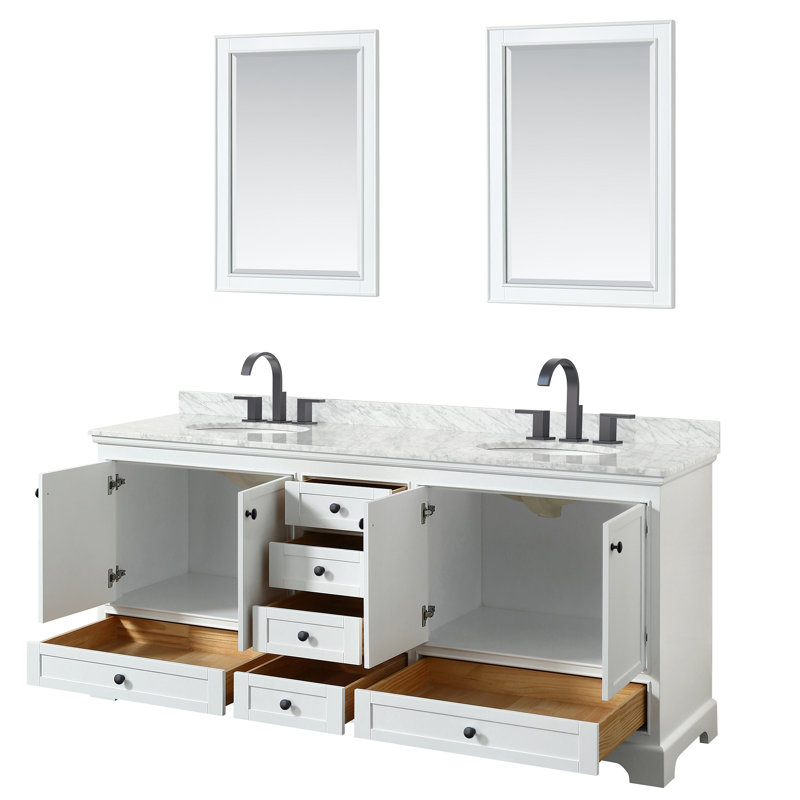 Deborah 80 " W Freestanding Standard Double Vanity Bathroom Vanity With Marble Top with Mirror, White, Matte Black