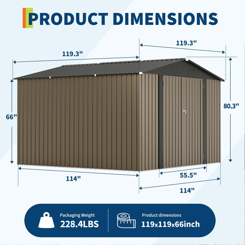 Remise de rangement extérieure en métal galvanisé 10 x 10 pi avec porte verrouillable, évents et toit pointu pour le rangement d'outils dans la cour