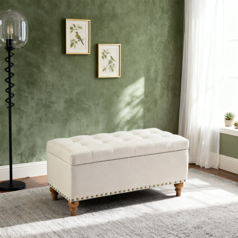 Ottoman Storage Bench with Flush Mount Support Hinges, Beige