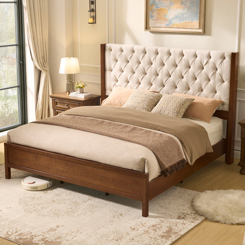 Tufted Upholstered Platform Bed with Wood Frame and Tall Headboard, Brown, Queen