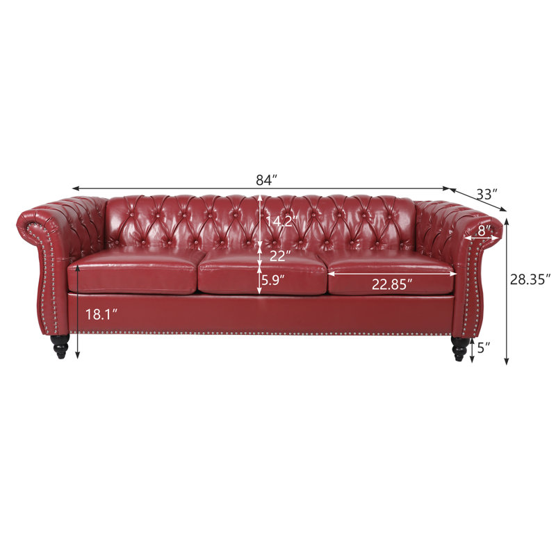 Canapé Chesterfield 3 places Elaiza, H 29 po x l 84 po x P 32,5 po, Vin rouge, Noir