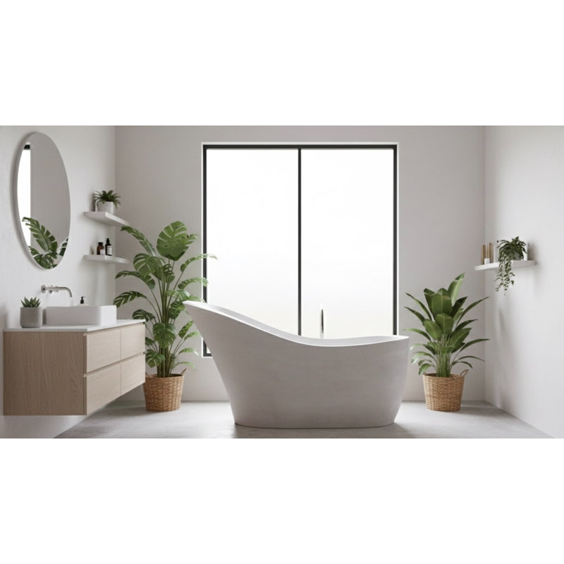 67.3" x 29.7" Freestanding Soaking Cement Bathtub, White 