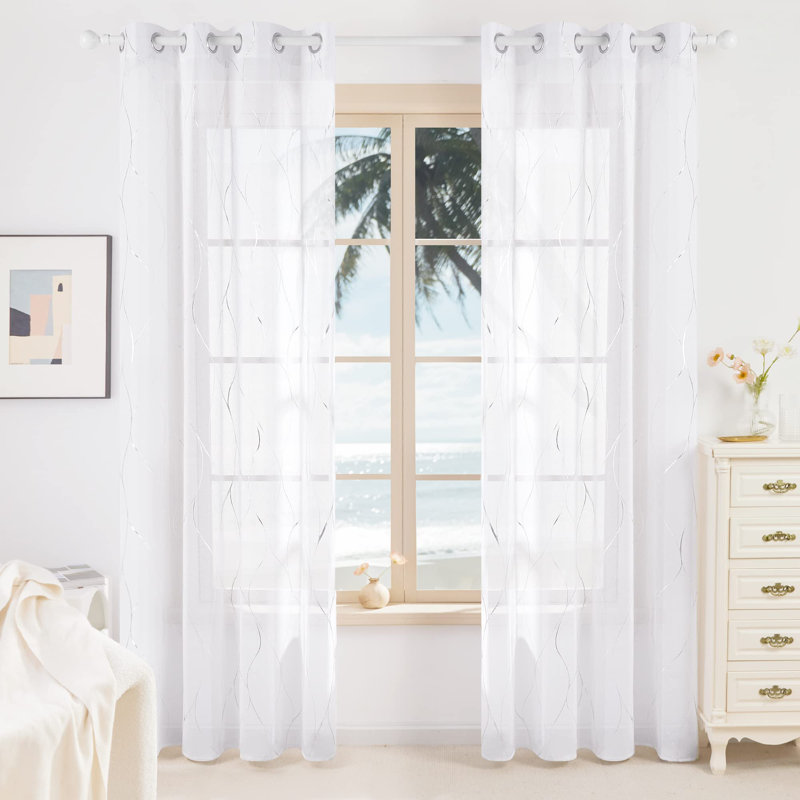 Silver Foil Printed Wave Pattern Semi Sheer Grommet Top Curtains (Set of 2), 52" W x 95"L