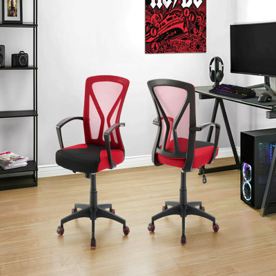 Red Mesh Black Metal Office Chair, Adjustable Height, Swivel, Ergonomic, Armrests, Computer Desk Work, Contemporary Modern