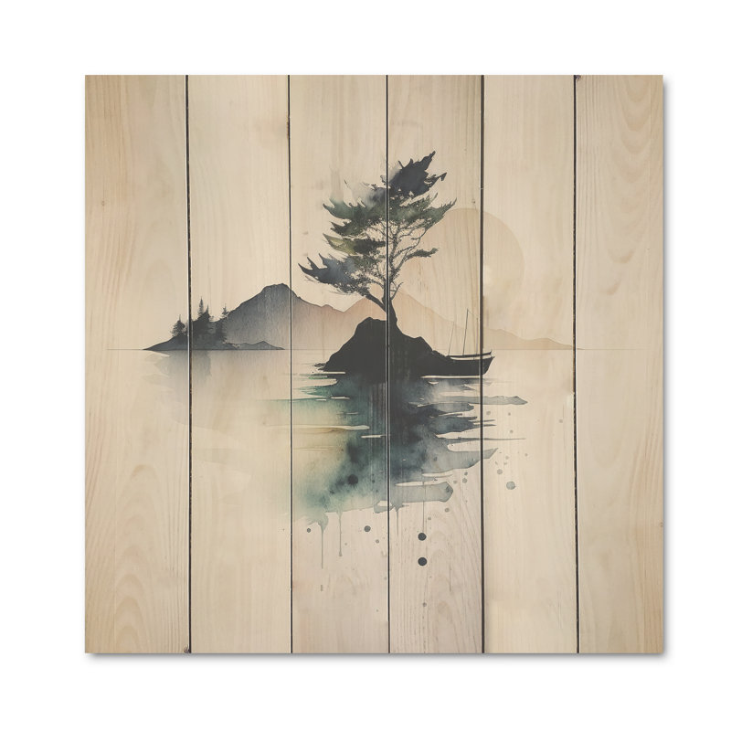 Aquarelle verte, arbre au bord du lac - paysage forêt, art mural bois de pin naturel, L 16 po x H 16 po