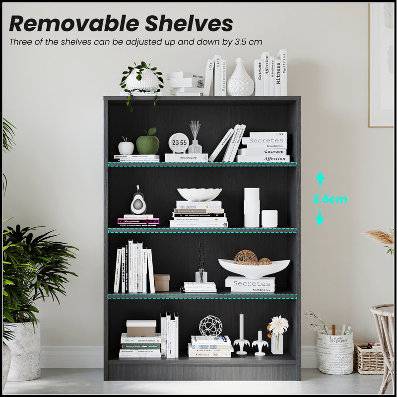 Bibliothèque moderne à 4 tablettes pour chambre à coucher et bureau, hauteur de 48 pouces, rangement spacieux, tablettes réglables, design polyvalent