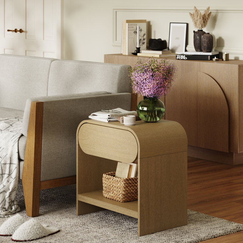 Arched Nightstand with Drawer in Warm Oak, Warm Oak