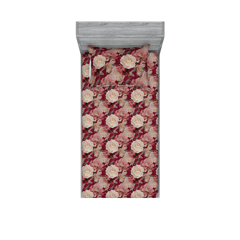 Ambesonne Fitted Sheet & Shams, Twin Sheet Set with 1 Pillowcase, Eggshell/Rose Flower