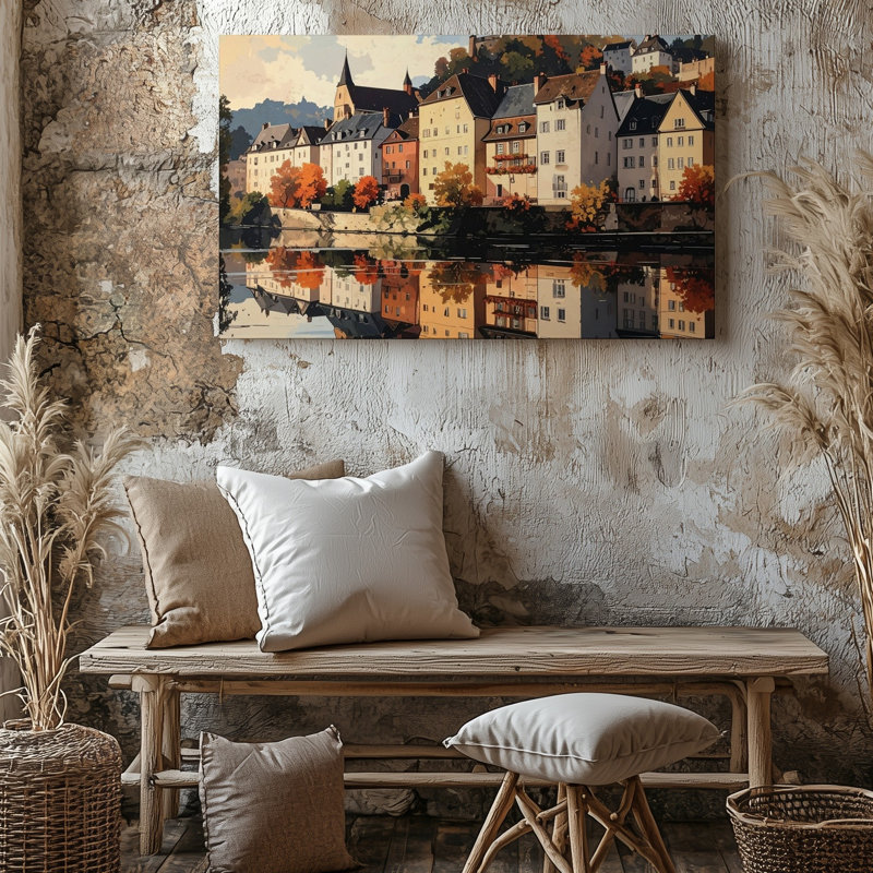 Coucher de soleil, rivière, réflexion, village européen douillet, art mural sur toile, prêt à accrocher, galerie, décoration intérieure, conception moderne, qualité supérieure
