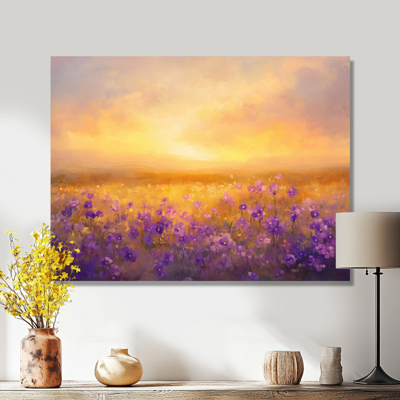 «Golden Hour Violet Field I» - œuvre d'art botanique mauve, violettes, L 44 po x H 34 po