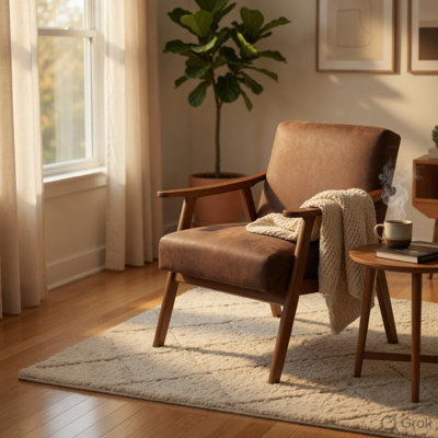 Chaise d'appoint Ryno Mid-Century, structure en bois naturel, microfibre brune