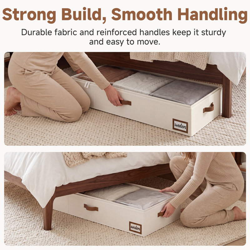 Large Underbed Storage Containers with Handles and Label Holder, Fabric Underbed Bins for Clothes, Blankets, Sweaters, White