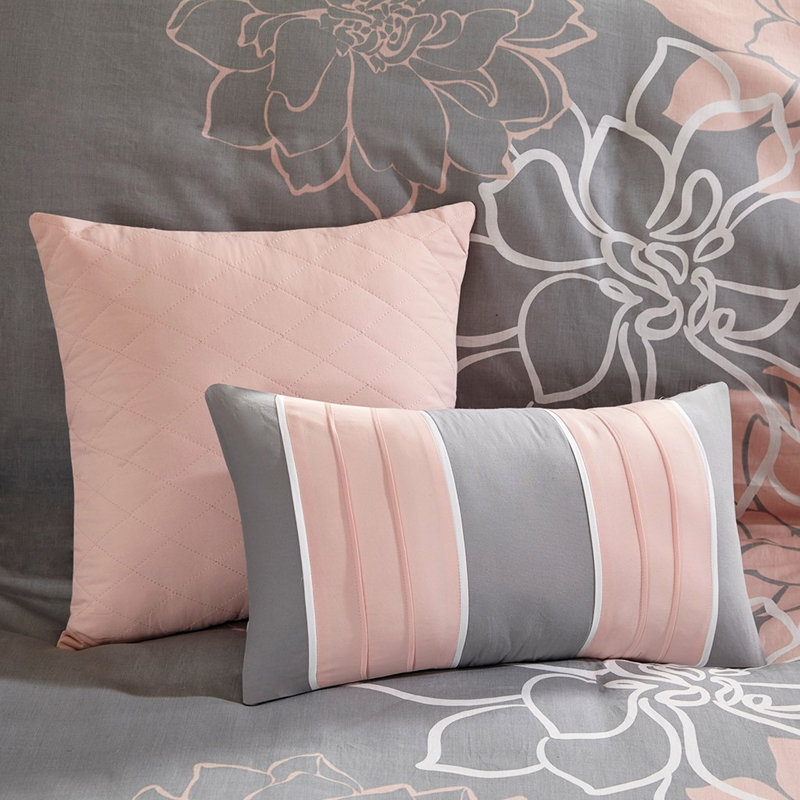 Housse de couette imprimée 6 pièces - Double / grand détails Coton 2 taies décoratives gris / pêche taupe gris / mauve, Gris