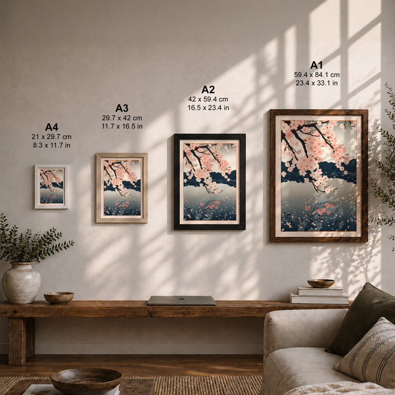 Moonlit Cherry Blossom Japandi - Framed Print, A3 - 42.0 x 29.7 cm, Oak
