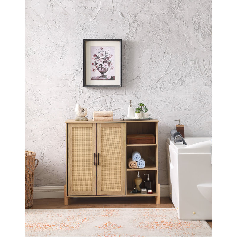 Mid-Century Modern Storage Cabinet with Woven Rattan Doors, Open Shelves & Adjustable Shelves - Perfect for Living Room & Dining Room