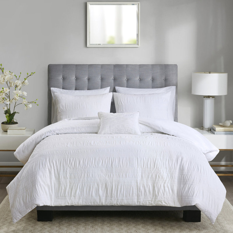 Housse de couette 100% coton Seersucker, blanc, pour lit double / grand lit, literie relaxante et confortable