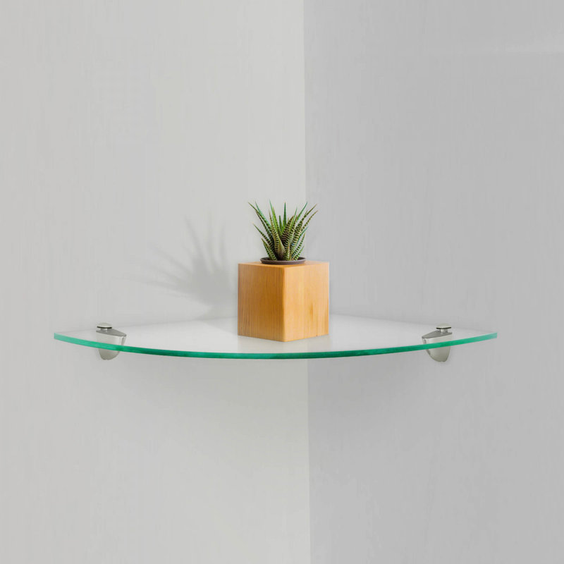 12" Clear Tempered Glass Floating Corner Shelf with Chrome Brackets