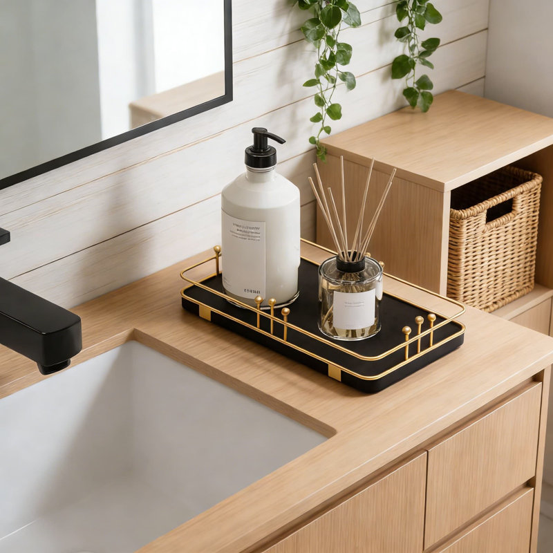 Decorative Tray For Bathroom Vanity And Kitchen Countertop, Multi-Purpose Organizer For Toiletries, Makeup, Perfume, Jewelry, And Spices With Non-Slip Mat And Modern Design
