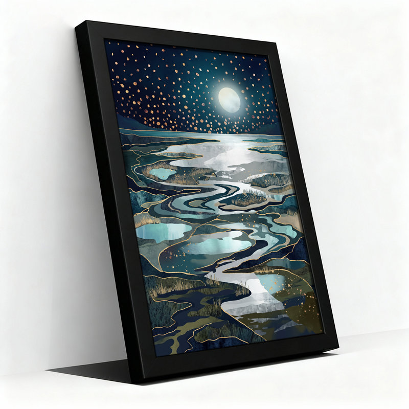 «Winding River Under Moonlit Starry Sky», art mural sur toile dorée, H 24 po x l 16 po