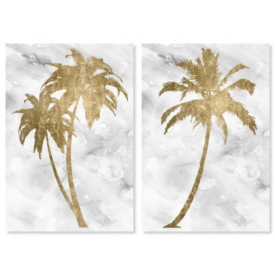 Palm Tree Gold Set Modern White - 2 Piece Wrapped Canvas Paining Set