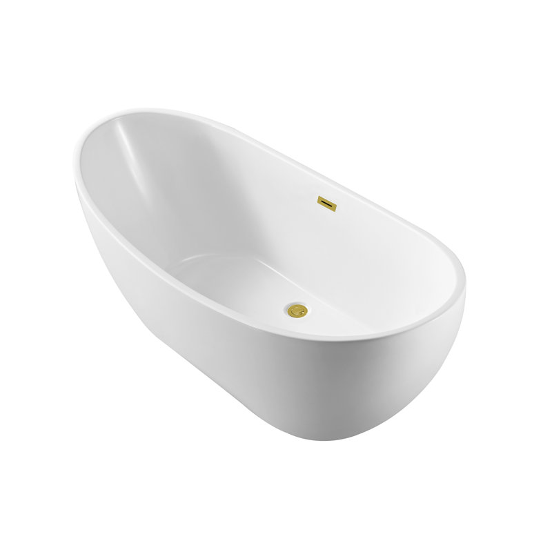 62" Streamline Freestanding Soaking Acrylic Bathtub With Drain and Bamboo Tray, Polished Gold