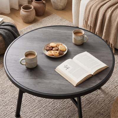 Table basse ronde, table basse circulaire de style industriel de 30,7 pouces avec plateau en bois aggloméré rustique, pieds en métal robustes en forme de X et patins réglables pour le salon