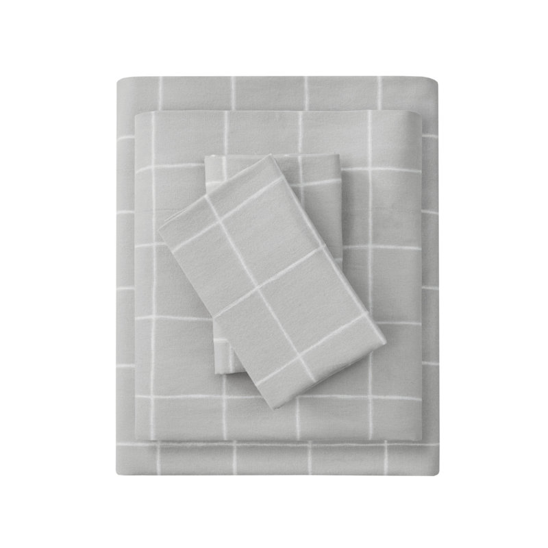 Soft 4-piece Cal King Sheets And Sheet Sets, 100% Cotton Flannel, Grey Windowpane Design, All-season Use