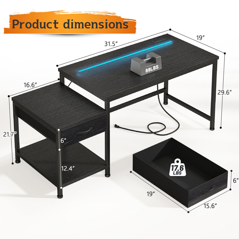 48" Small Computer Desk With Printer Shelf & Storage Shelves,Gaming Desk With LED Lights & Power Outlet,Reversible Corner Desk With Headphone Hook For Home Office