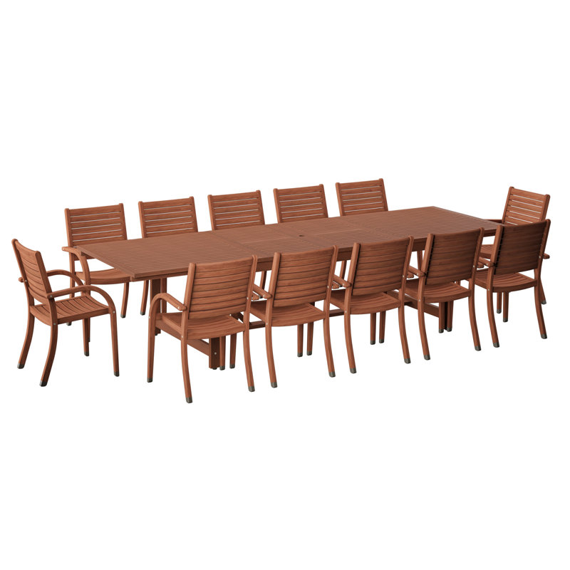 Whately 13-Piece Outdoor Rectangular Extendable Dining Table And Chairs Set | Eucalyptus Wood | Ideal For Patio, Brown, Brown