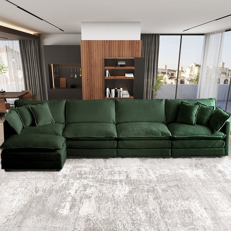 Harut 146.5" L-Shaped Modular Sectional Sofa With Movable Ottomans, Dark Green Chenille