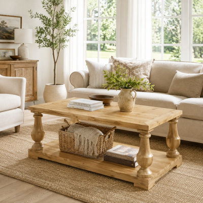 Farmhouse Rectangular Coffee Table with Storage Shelf and Solid Wood Turned Legs, 2-Tier Rustic Center Table for Living Room