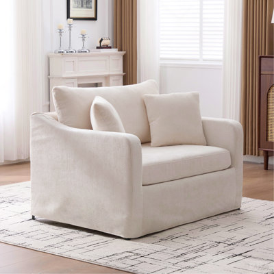 Fauteuil d'appoint 43,9 po de style campagne moderne rembourré avec pieds en métal noir, fauteuil de lecture en chenille, canapé simple avec deux traversins pour le salon, les bureaux et le salon