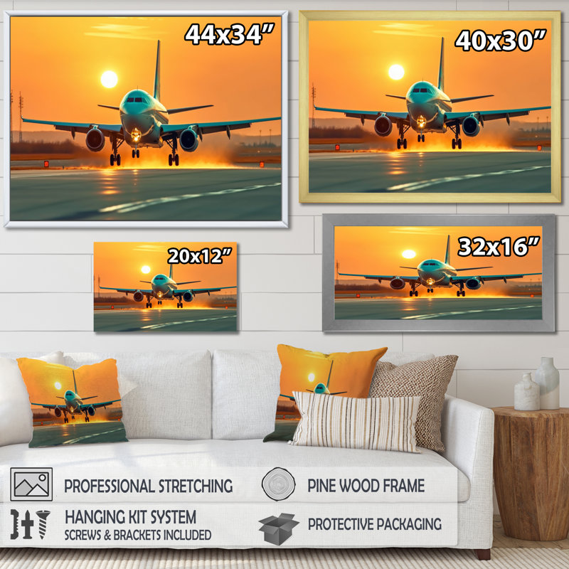 Coucher de soleil sur le tarmac I - reproduction sur toile, Cadre simple noir, H 34 po x l 44 po x P 1,5 po