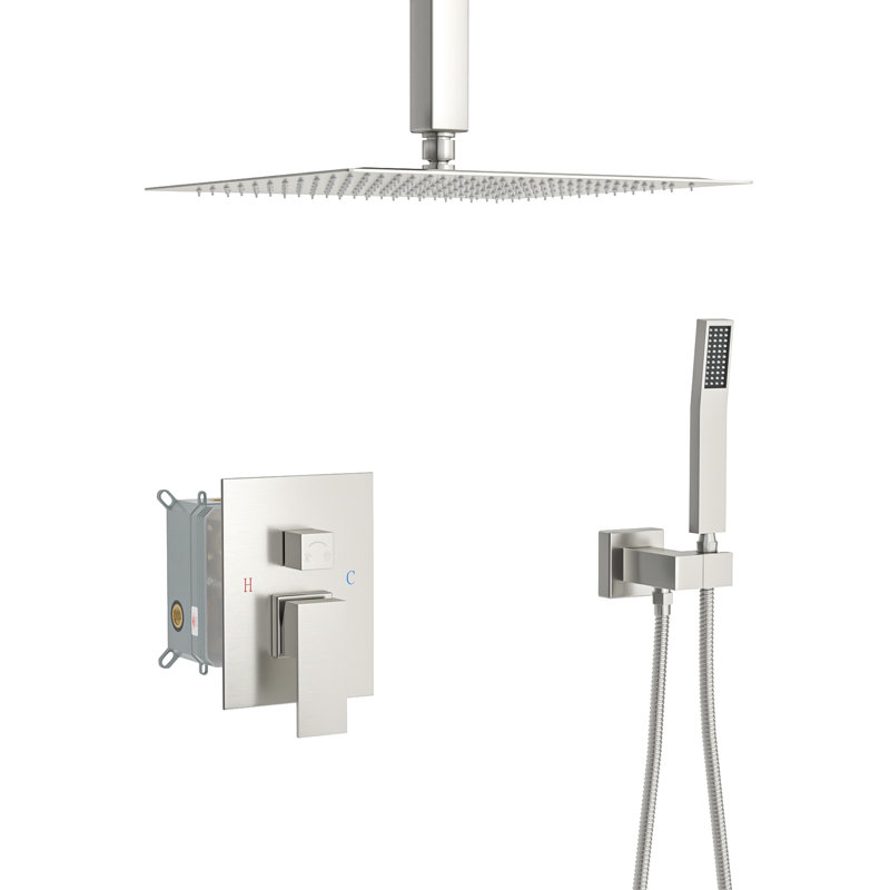 Pomme de douche double en nickel brossé, carré de 16 pouces, fixation au plafond, Nickel brossé