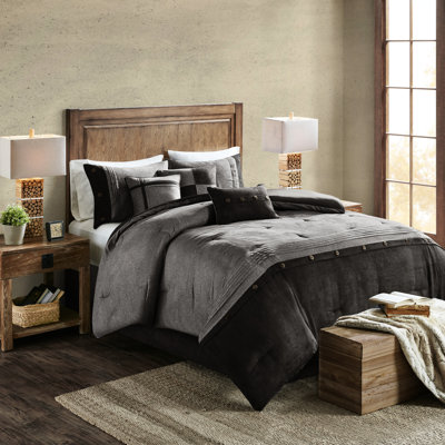 Couette 7 pièces Queen grise en imitation daim - Décoration chalet avec boutons, garnie de coussins décoratifs soyeux, style doux et enchanteur