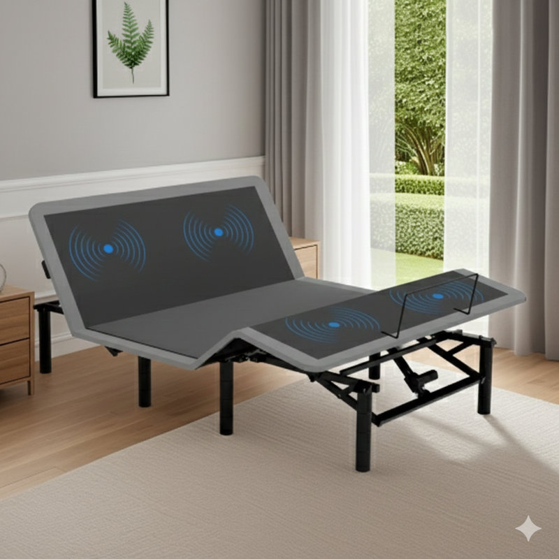 Adjustable Queen-Size Bed Frame With Massage Functions For Head And Foot Incline, Controlled By A Wireless Remote. Includes Type-A And Type-C USB Ports, An LED Night Light, And Four Height-Adjustable Legs. Easy Assembly.