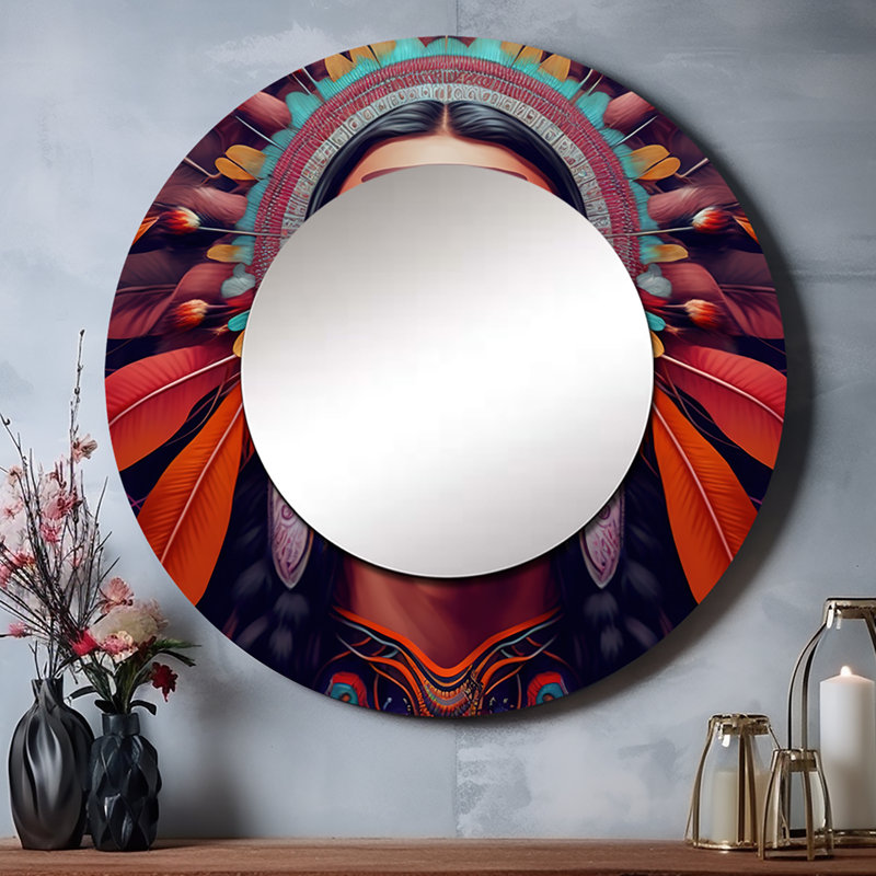 Purviance Colorful Native American Man II - Woman Large Mirror, Modern Round Unique Wall Mirror Decor, Printed Metal Art