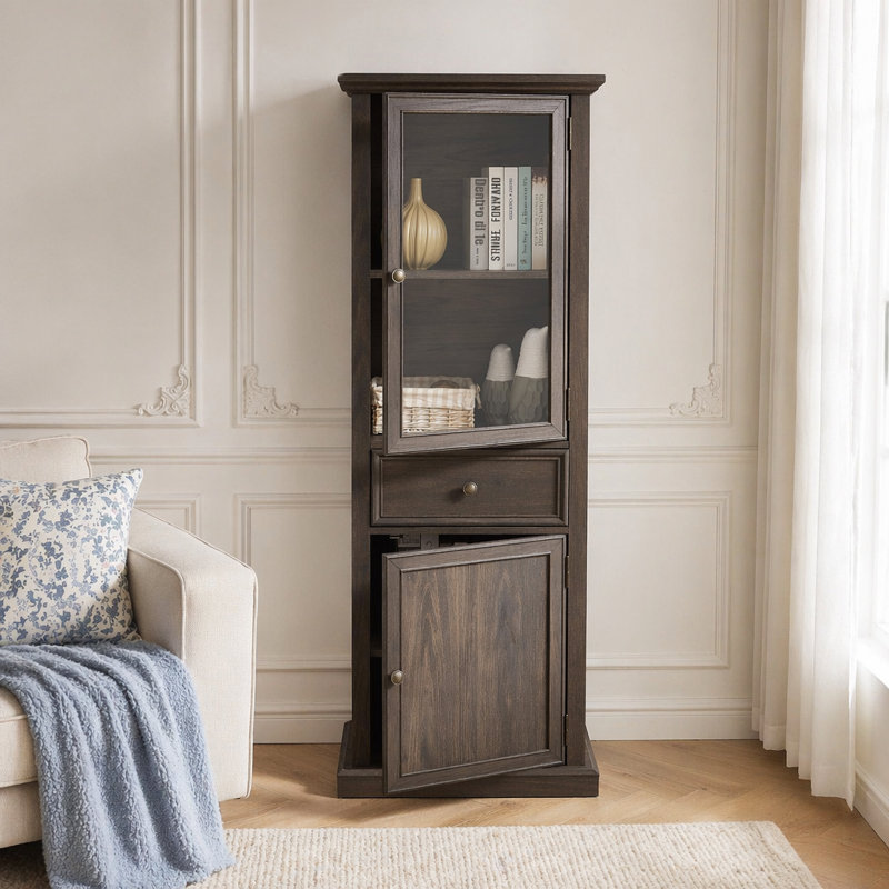 Grande armoire de rangement autoportante avec porte vitrée et tablettes réglables, buffet pour une organisation polyvalente de la pièce