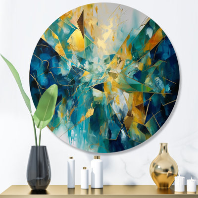 «Golden Explosion Triangles VI», art mural rond abstrait géométrique sur métal