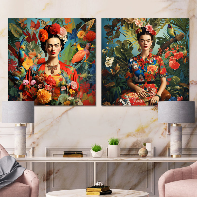 Ensemble de 2 reproductions d'art sur toile colorées Frida, Toile tendue, H 16 po x l 33 po x P 1 po