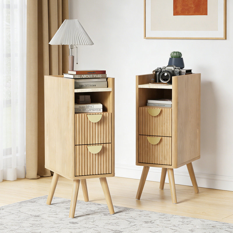 Table de chevet étroite à 2 tiroirs et tablette ouverte, Ensemble de 2, Tanné