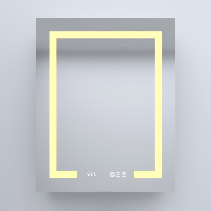 24 po L x H 30 H Armoire à pharmacie encastrée ou à fixation en surface en aluminium argenté avec miroir, DEL, tablettes réglables, 5 lumières à haute température à changement de température automatique à droite