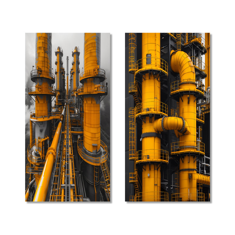 Ensemble de 2 monochromes industriels gris et jaune I - grand ensemble de décorations murales modernes en métal