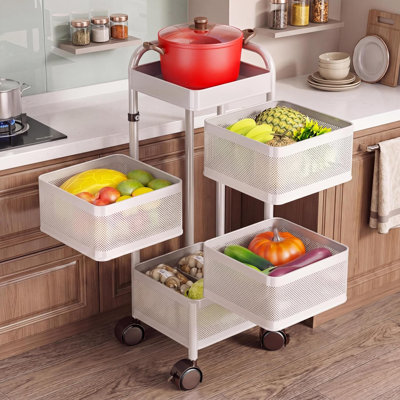 Chariot de rangement à roulettes en acier au carbone à 4 niveaux avec roues, support de cuisine rotatif avec couvercle, panier de rangement pour fruits et légumes pour la cuisine, la salle de bain et le salon