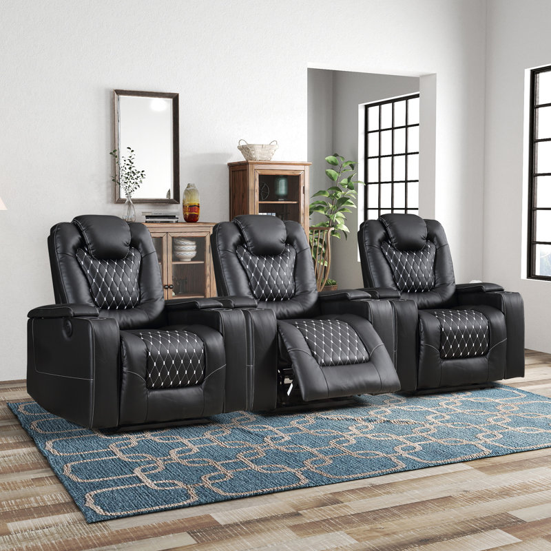 35.04'' Luxury Faux Leather Home Theater Individual Seat Recliner with Cup Holders & Arm Storage & USB, Black