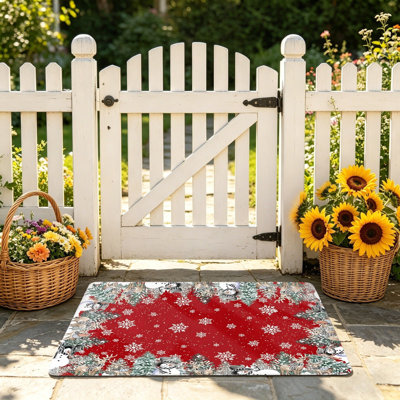 Red Christmas Snowman Reindeer Floor Mat 24 x 36 inch for Outdoor and Indoor