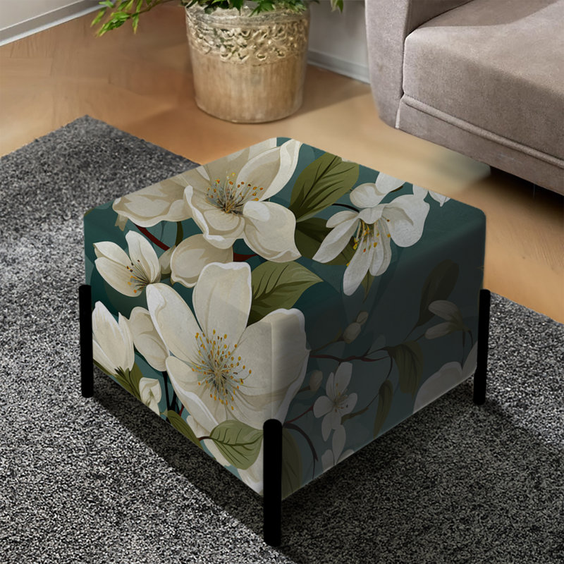 Repose-pieds carré gris et blanc à motif floral Orchid Lovely III