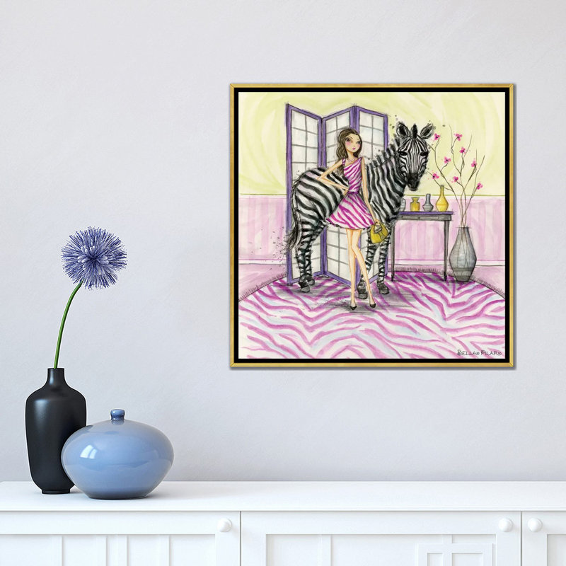 Zoe et zèbre art, Toile encadrée d'or, H 18 po x l 18 po x P 1,5 po
