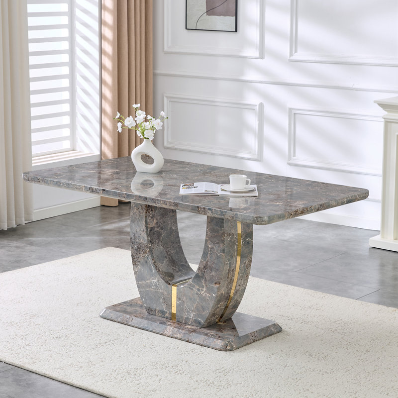 Rectangular Dining Table, Modern Table with U-Shaped Base, 30"H x 63"L x 37"W, Gray/Brown Marble