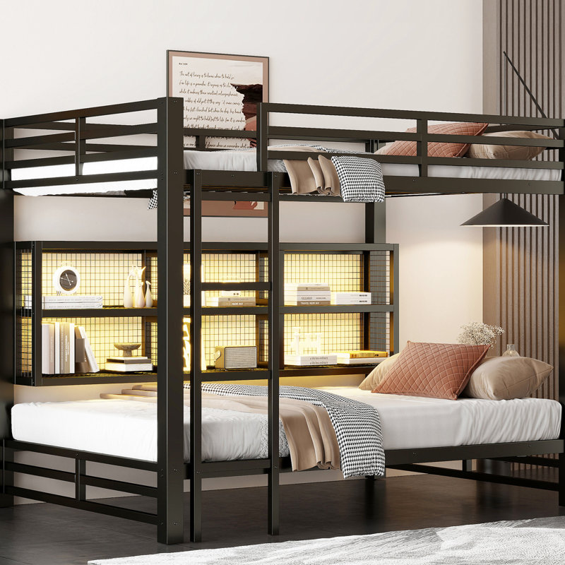 Black Metal Bunk Bed, Queen Over Queen, 6 Storage Cabinets, Led For Bed - Based Work In Black, , Cabinets Tidying Room